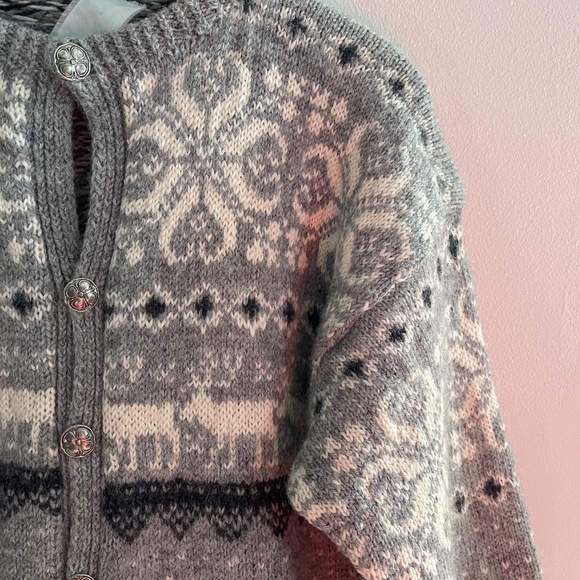 Vintage Fairisle Gray Navy Wool Cardigan Sweater Womens Deer Nordic Cabincore - Picture 5 of 11